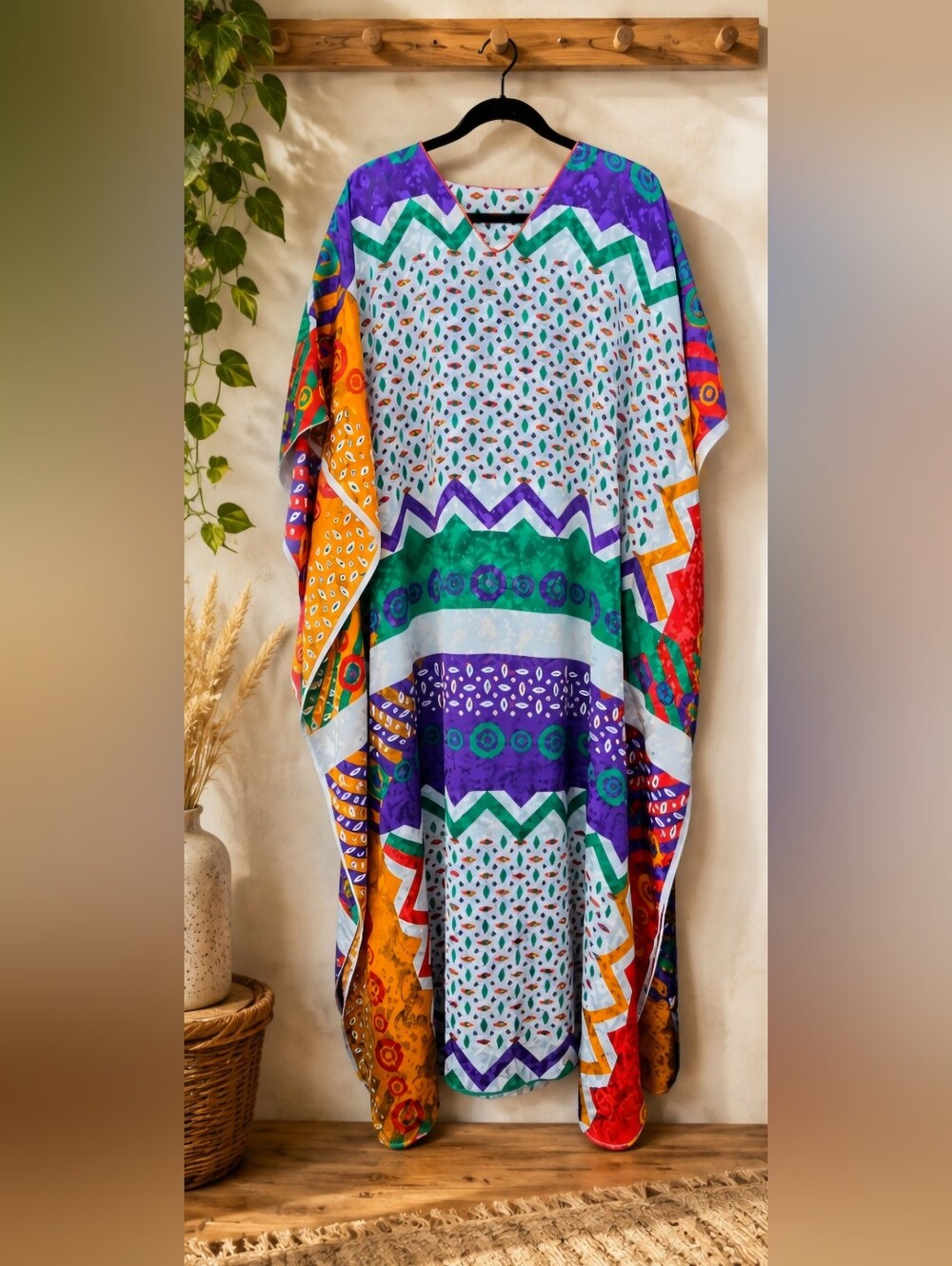 Conrad Collection Printed Silky Kaftan Dress - Vibrant Geo Print